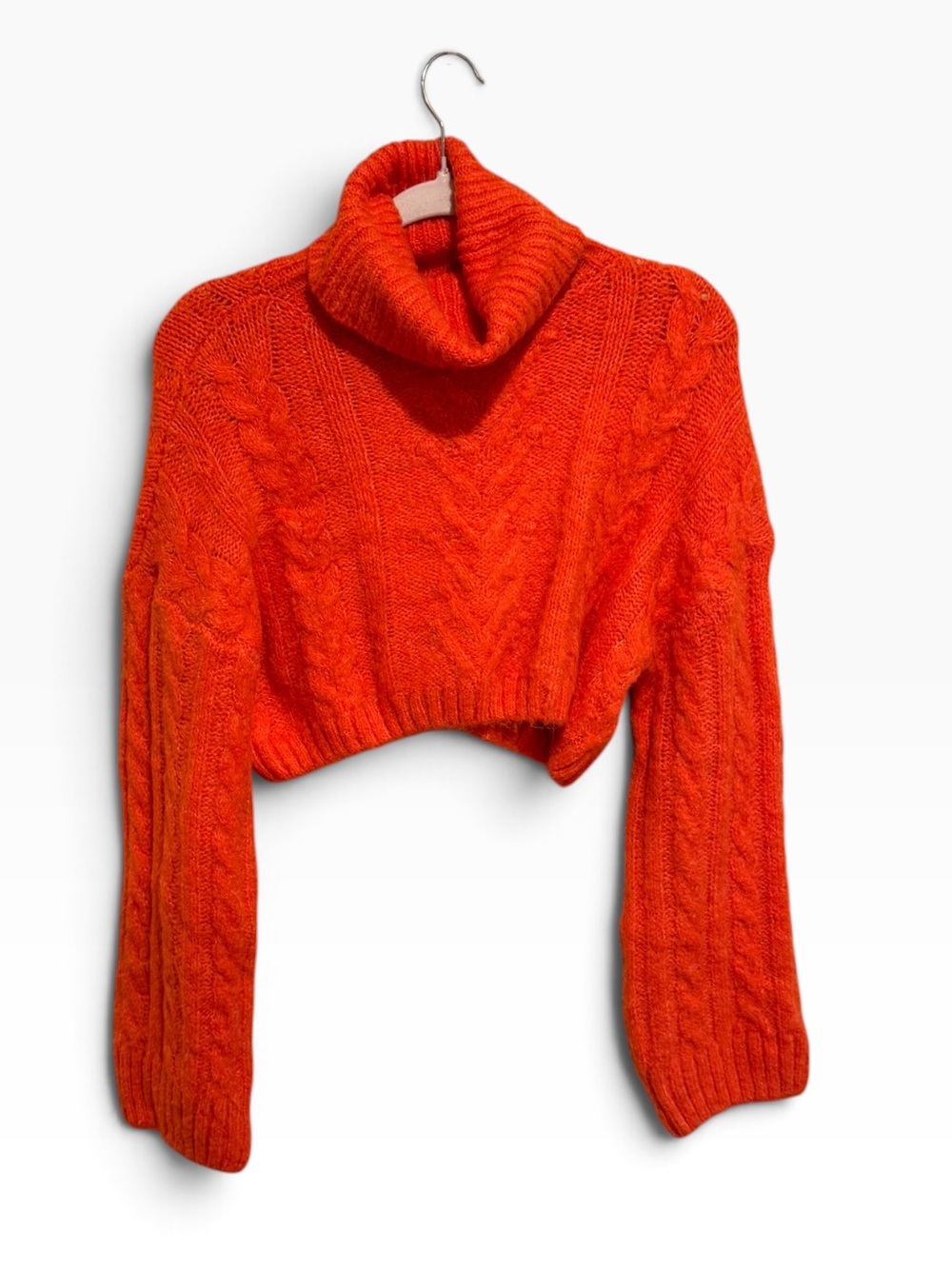 Zara Bright Orange Cropped Cable Turtleneck Sweater Alpaca & Wool Blend